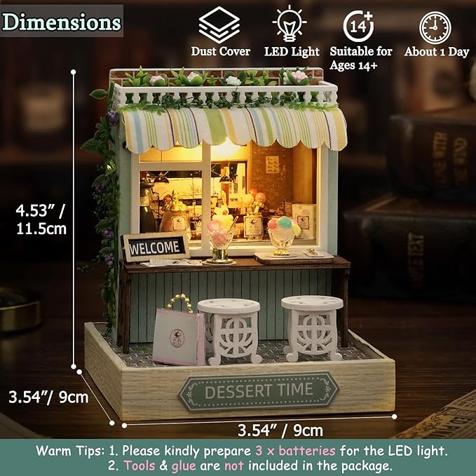 TuKIIE DIY Miniature Dollhouse Kit with Furniture, 1:24 Scale Creative Room Mini Wooden Christmas Doll House Plus Dust Proof for Kids Teens Adults(Dessert Time)