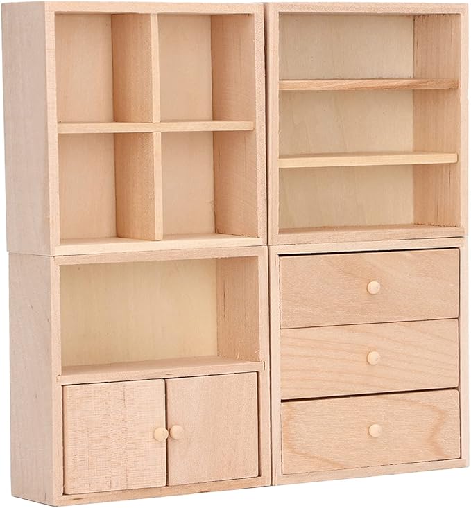 4 Pcs 1/12 Doll House Cabinet Set Simple Design Practical Lifelike Miniature Wooden Dollhouse Furniture Cabinet