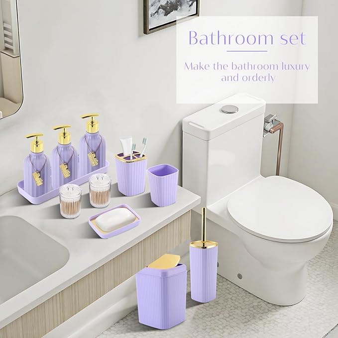 WSBArt 17PCS Bathroom Accessory Set Bathroom Set Purple Bathroom Accessories,Toilet Brush, Trash Can, Qtip Holder Dispenser& 3PCS Soap Dispenser