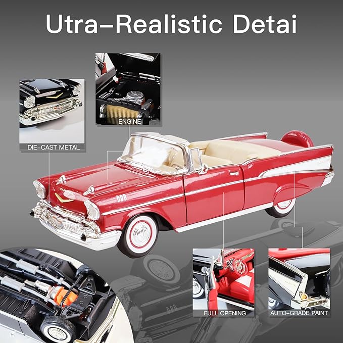 1957 Chevrolet Bel Air 1:18 Diecast - Ramjet 283 Fuel Injection, 50s Car Culture Icon | Opening Doors, Steering Linkage, Sustainable Gift Box | Ages 14+,Red