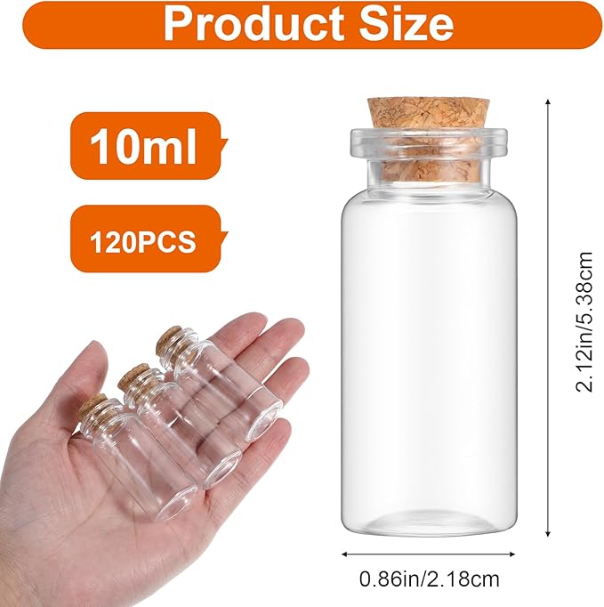 120 Pack 10ml Mini Plastic Bottles with Cork Stoppers, Small Empty Clear Plastic Jars for DIY Crafts, Wedding Favors, Spice & Sample Containers, Party Decor