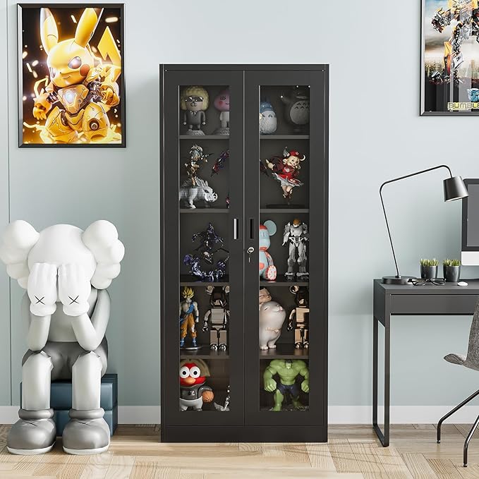 Display Cabinet with Glass Doors, Display Case Cabinet for Collectibles, Curio Display Cabinet with 4 Adjustable Shelves, 71"" Glass Display Cabinet for Home Office (Black), MSC-0818