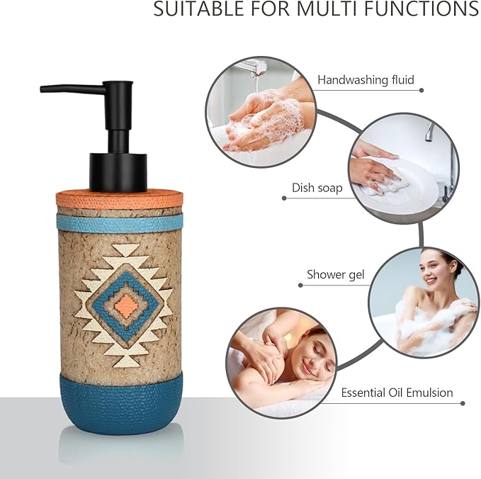 Bathroom Accessory Sets 4PCs Bathroom Set Complete Tribal Home Decor Southwest Pattern Shape Includes Lotion Dispenser Toothbrush Holder Tumbler Cup & Vanity Tray