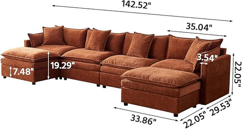 142" Modular Sectional Sofa with 2 Ottomans, 6-Seat Modern Chenille Cloud Couch, Convertible U/L-Shaped Sleeper Sofa with Double Cushions & 4 Lumbar Pillows for Living Room, Apartments and HomeTheater