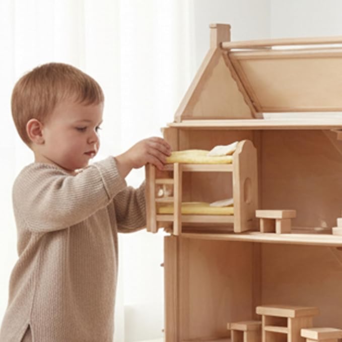 PlanToys® Wooden Children’s Room Classic Set for Montessori Small World Play | Creative Role Play and Social Interaction | Eco Friendly Wooden Dollhouse Bedroom Furniture for Imaginative Play