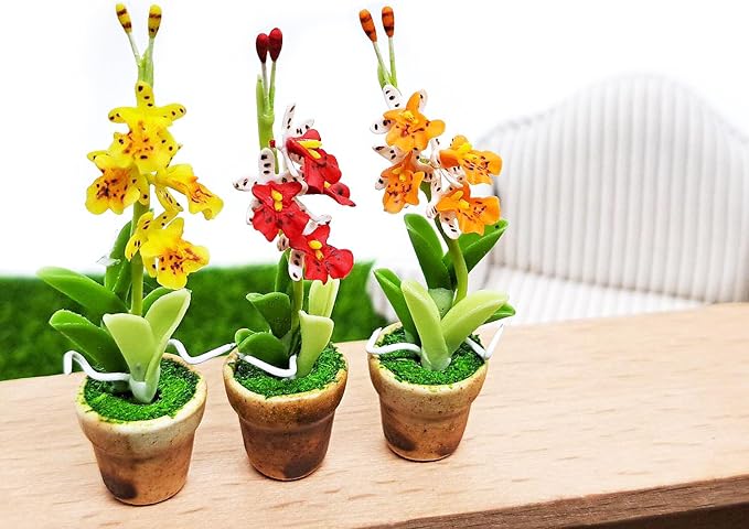 WitnyStore Tiny 2" High 3 Pieces Set Yellow Red Orange Orchid - Hand Made Artificial Flowers Colorful Miniature Realistic Modelling Clay Flower Plant Pot Blooming House Plants Home Indoor Decoration