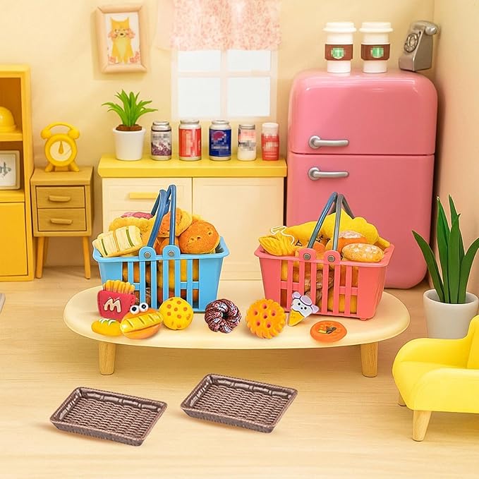 180 Pcs Dollhouse Furniture Miniature Kitchen Accessories Mini Shopping Cart Metal Trolley Basket Food Drink Toy Supermarket Store Grocery Shelves Cash Register Fridge Scale Pretend Play Game Party