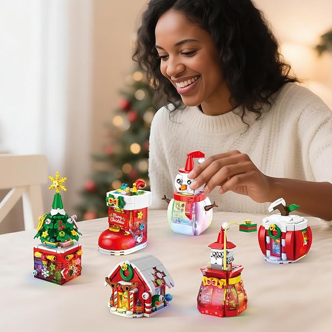 Christmas Building Blocks Set with Lights & Music - 6 Pack Christmas Ornaments - Santa Gift Bag, Snowman, Xmas Tree, Stockings, Apple House & Winter Cottage Building Blocks Gift Idea
