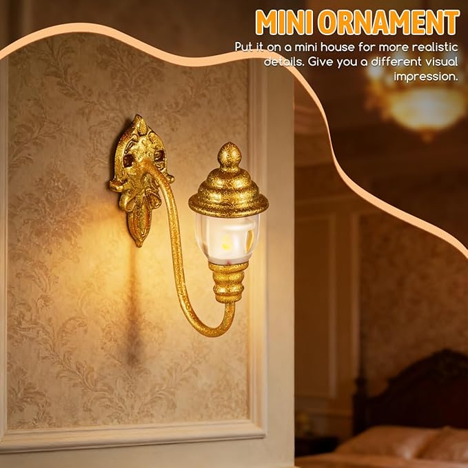 DOITOOOL 4 Pcs Dollhouse Wall Lights, Mini Vintage Doll House Lights Dollhouse Wall Sconces 1:87 Scale Miniature Lamps Models for DIY Micro Landscape Sand Table Ornaments, Golden