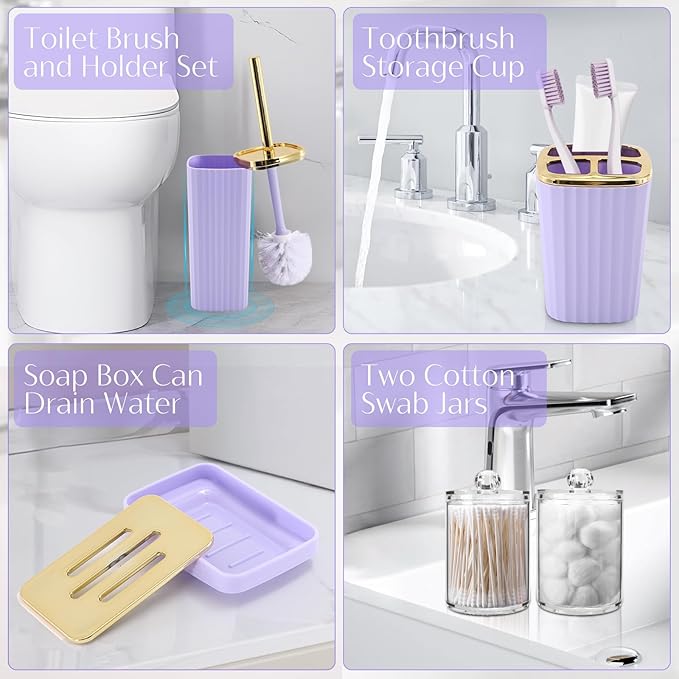 WSBArt 17PCS Bathroom Accessory Set Bathroom Set Purple Bathroom Accessories,Toilet Brush, Trash Can, Qtip Holder Dispenser& 3PCS Soap Dispenser