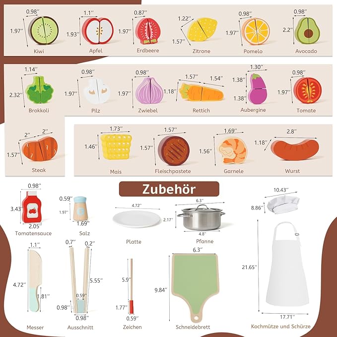 Wooden Play Food Set for Toddlers,Cutting Food for Preschool Activities, Pretend Play Kitchen Accessories for Kids, Fake Food Kitchen Toys for Boys & Girls