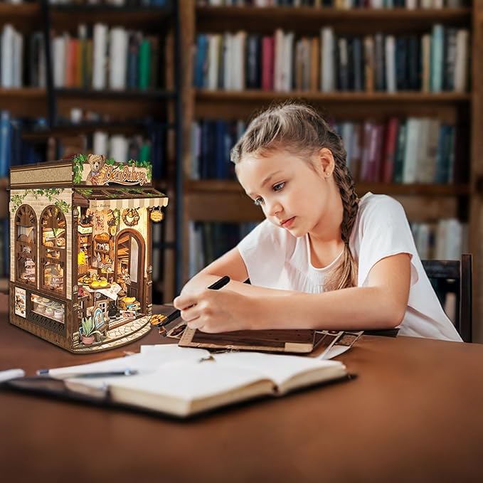 CUTEROOM Book Nook Kit for Adults, 3D Wooden Puzzle DIY Miniature Dollhouse Booknook Kit, Tiny House Building Kit with LED Light for Bookshelf Insert Decor-Bear Bakery