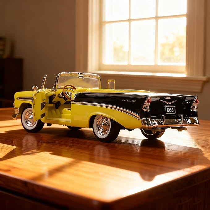 1956 Chevrolet Bel Air Alloy Model Car - 1:18 Scale Classic Lowrider Style Replica with Hydraulic Suspension Display & Custom Wheels - Collector's Edition for Display & Gifting（Yellow）