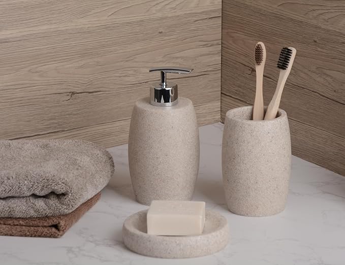 Clasin Home Beige Bathroom Accessories Set 3 PC, Resin Sandstone Look Soap Dispenser, Toothbrush Cup, Soap Dish, Bathroom Soap Dispenser Set for Home Decor and Kitchen