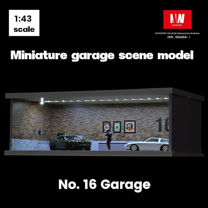 1/43 Diorama Display Case with Tri-Colour Dimmable Lighting, Fits for Hot Wheel Matchbox Mini GT Diecast Cars Model,1:43 Car Garage Parking Lot Scene Display Storage (No.16 Garage)