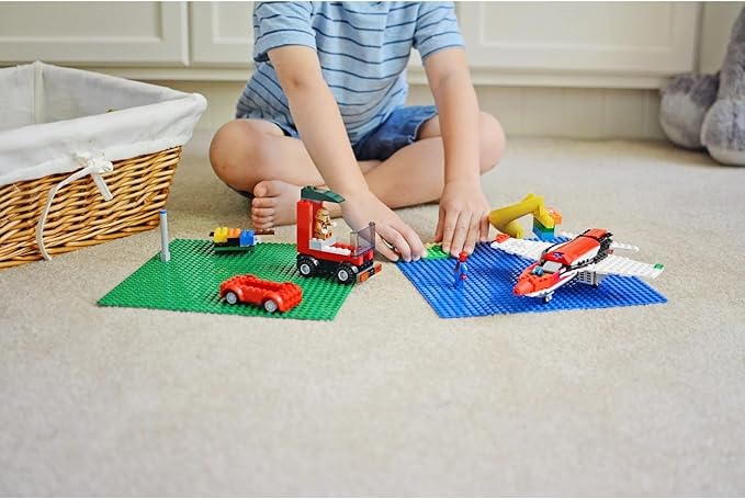 Creative QT Peel & Stick Blocks Base Plate - 10 x 10 in, 4-Pack, Blue & Green - Stackable Building Toy for Play Tables & Wall Panels - Adhesive Baseplate Compatible with Lego & Other Major Brands