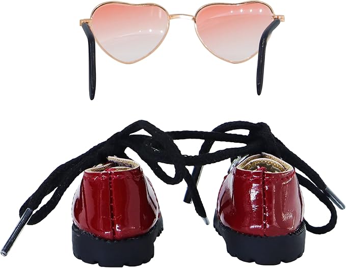 Suitable for 17cm Doll Clothing Accessories Set, Cute PU Leather Lace-up Mini Oxford Shoes and Glasses Two-Piece Set (Red)