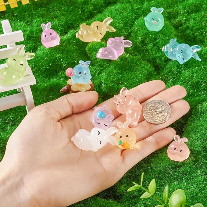 Beadthoven Luminous Mini Easter Rabbit Figurine Cute Miniature Easter Bunny Animals Ornaments for Dollhouse Fairy Garden Decoration Accessories DIY Craft Micro Landscape