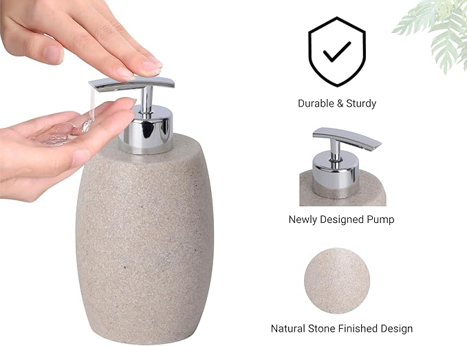 Clasin Home Beige Bathroom Accessories Set 3 PC, Resin Sandstone Look Soap Dispenser, Toothbrush Cup, Soap Dish, Bathroom Soap Dispenser Set for Home Decor and Kitchen