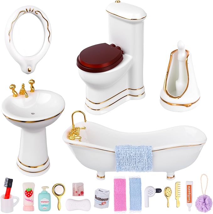 HCEWSBFD 1:12 Dollhouse Miniature Porcelain Bathroom Set 5Pcs White Ceramic Toilet Basin Bathtub Mirror Miniature Furniture with 15Pcs Doll Accessories Comb,Bathball,Water Cup,Toothbrush Toothpaste