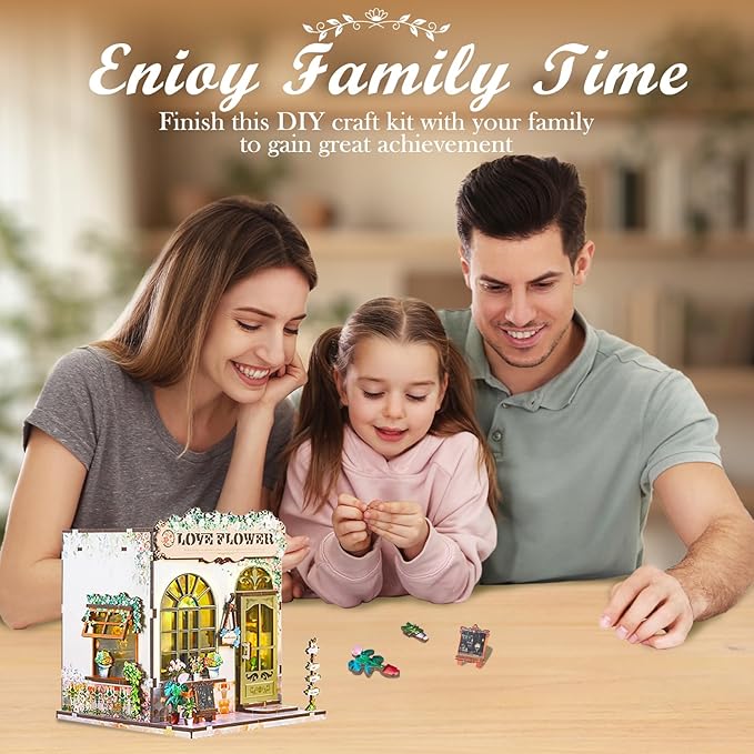 Book Nook Kit – DIY Miniature House Kit with LED Light, 3D Wooden Puzzle Bookshelf Insert Decor, Flower Shop Style Booknook for Adults and Teens, Creative Gift Idea