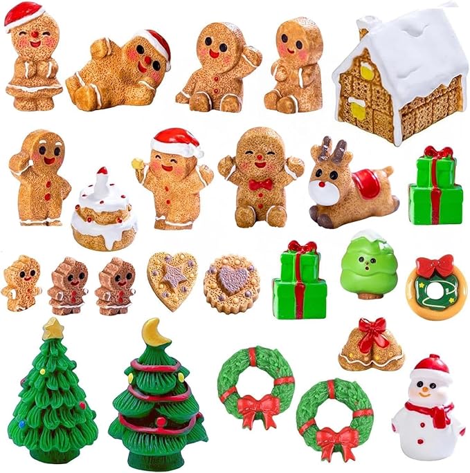 24PCS Mini Gingerbread Men Figurines Christmas Resin Figures & Tiny Gingerbread Men Statues Miniature Xmas Figurines for DIY Crafts Christmas Party Bonsai Decoration