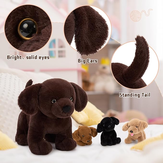 4Pcs Lab Plush Toy, 15.7" Chocolate Mom Labrador Stuffed Animal with 3 Cute Stuffed Baby Dogs in Mother's Belly, Soft Lab Puppy Plushies for Kids Dog Lovers,Christmas Birthday Gift