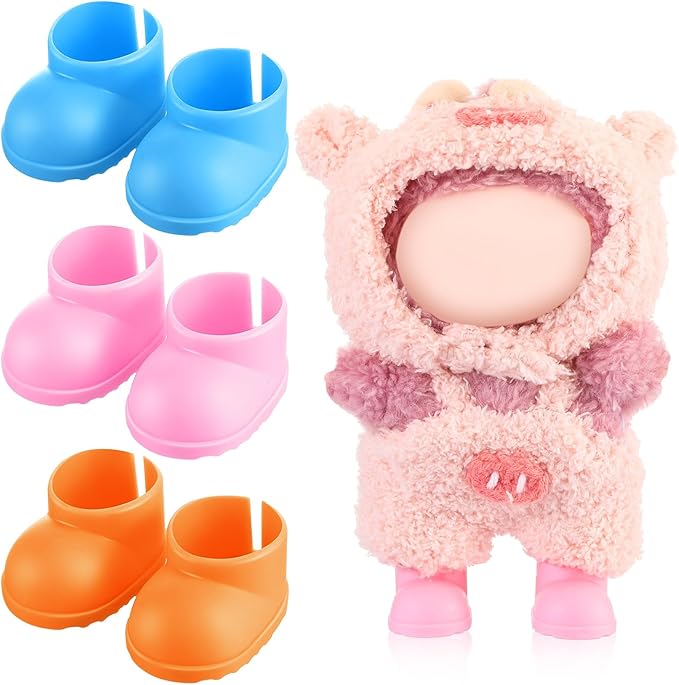 3 Pairs Cute Doll Shoes for 17cm Dolls Mini Rain Boots Fit Perfectly on 15cm/17cm Standing Sitting Series Multi Color Plastic Boots Cute Clothes Accessories (Pink Blue Orange)