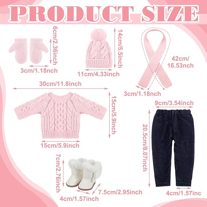 Bencailor 6 Pcs Winter 18 Inch Doll Clothes and Accessories Winter Outfits Set Sweaters Trousers Hats Shoes for 18 Inch Doll Gifts(Pink,Lovely)