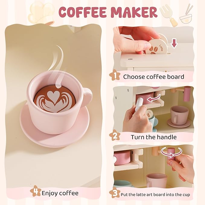 ROBOTIME Kids Play Kitchen, Modern Pretend Wooden Toy Kitchen with Ice Maker, Coffee Maker, Oven, Microwave, Toaster, Stove, Dishwasher & Sink, Complete Kitchen Playset for Ages 3+ (Pink)