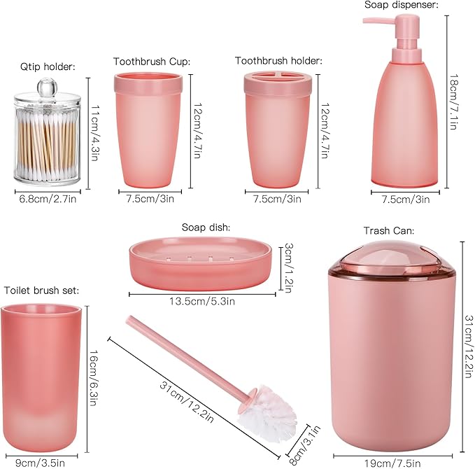 OTOSTAR Bathroom Accessory Set 8 Pcs Pink Bathroom Accessories Set Bathroom Set with Trash Can Soap Dispenser Toothbrush Holder Tumbler Soap Dish Toilet Brush Holder Qtip Holder (Pink)