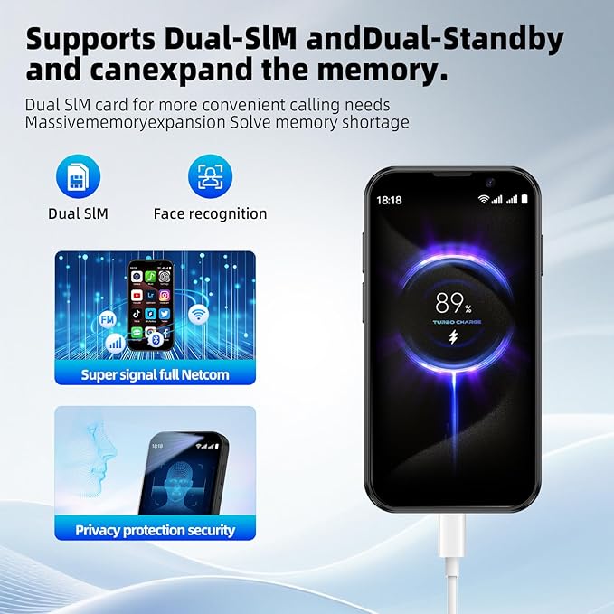 QHO Mini Phone Unlocked Mini Smartphone for Kids World's Smallest Cell Phone 3.0" HD Touch Screen Quad Core Dual Sim Card Face ID Android Compact Small Mobile Phones 2GB+16GB (Black)