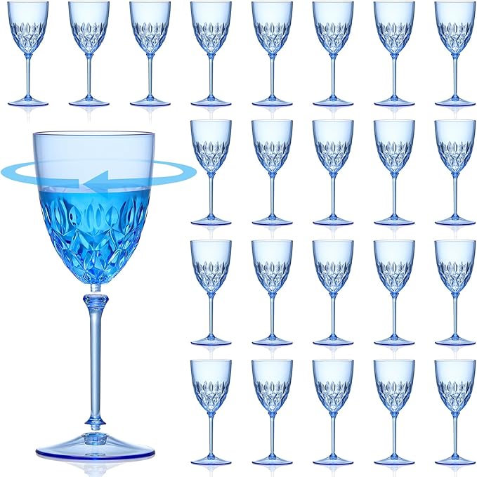 SKLENICE 24 pcs Plastic Blue Wine Glasses Set 7.4oz Detachable Small Wine Goblet Champagne Flutes Unbreakable Vintage Diamond Stemware Mimosa Drinking Glassware for Wedding Christmas Event Party