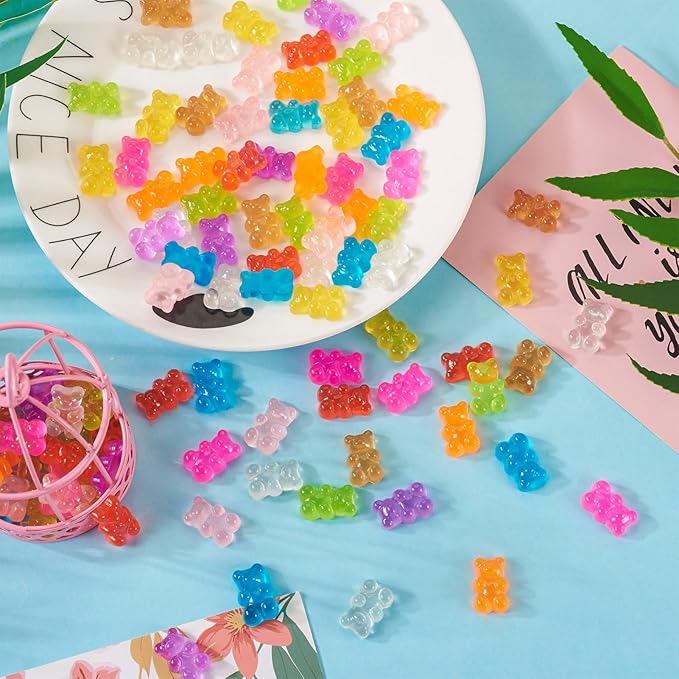 Beadthoven 90pcs Luminous Gummy Bears Beads Flatback Buttons No Hole Glow in The Dark Bear Resin Charms for Jewelry Making DIY Crafts Earrings Ring Hair Clip Accessories Decoden Phone Case Decoration
