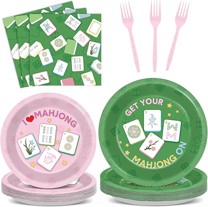 96pcs Mahjong Party Decorations Mahjong-Themed Paper Tableware Set Pink And Green Plates Napkins Forks Dinnerware for Home Special Events Game Night Party Supplies Birthday Serves 24 Guests