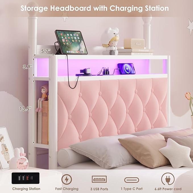 HIFIT Set of 2 Girls Twin Upholstered LED Canopy Bed Frame with Charging Station & Storage Drawer, Button Tufted Storage Headboard w/Bookshelf, Two-Use Kids Platform Bed frame w/4 Removable Post, Pink