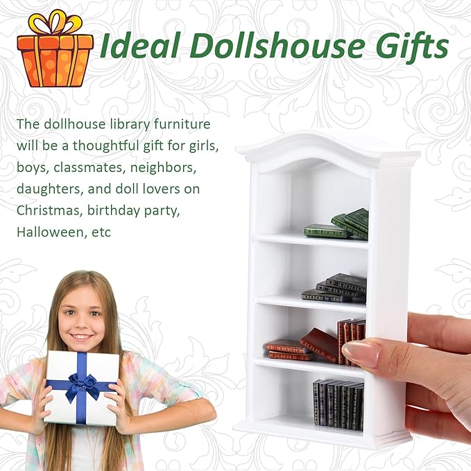 Poen 27 Pcs 1: 12 Scale Miniatures Dollhouse Books and a Wooden Bookcase 4 Floors Dollhouse Bookshelf Decoration Accessories for House Bedroom, White