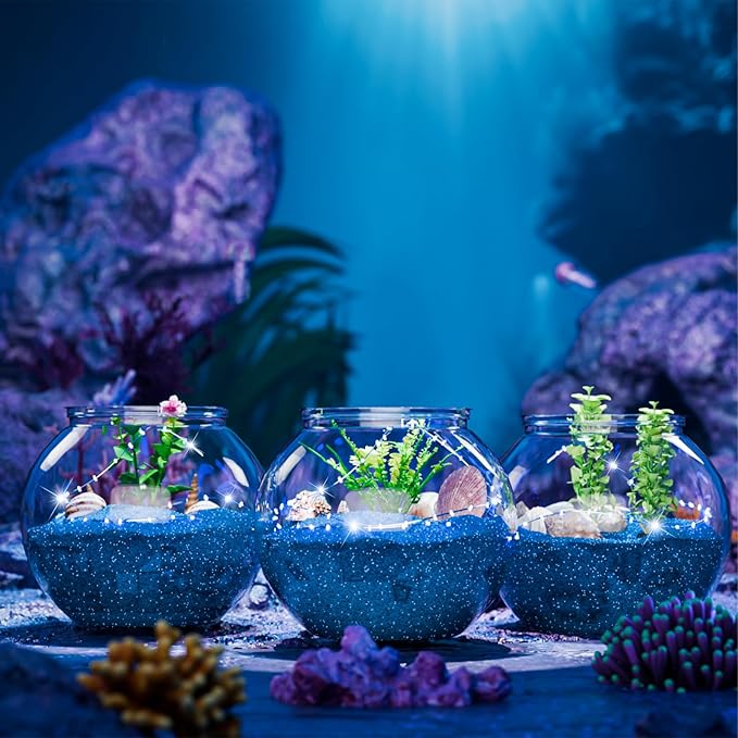 12 Set 30 oz Plastic Fish Bowl for Centerpieces Beach Sea Nautical Party Decorations, Plastic Fish Bowls with Blue Lights, Fake Sea Grass and Blue Sand(with Sand)