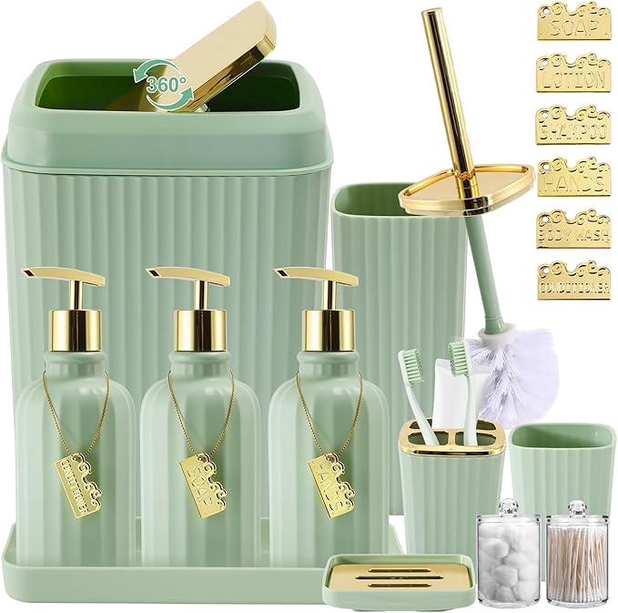 WSBArt 17PCS Bathroom Accessory Set Bathroom Set Green Bathroom Decor,Toilet Brush, Trash Can, Qtip Holder Dispenser& 3PCS Soap Dispenser