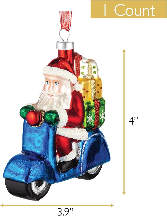 Every Day is Christmas Glass Blown Ornaments Cute Hand Made Figurines Tree Decoration, Motorcyle Santa