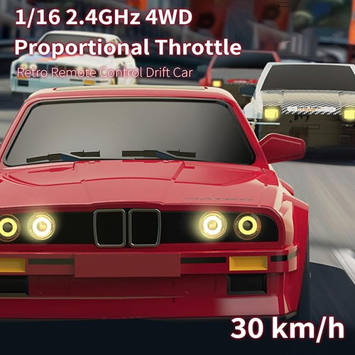 1:16 Scale RC Drift Car, 30KM/H 4WD 2.4GHz Remote Control Cars with LED Light, Racing and 4 Drifting Wheels, 3 Rechargeable Batteries, Perfect Toy Gift for Teen Adults Red