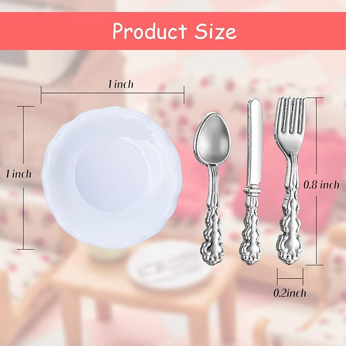 12 Pieces 1:12 Scale Miniature Plates and 12 Pieces Knives Forks Spoons Metal Tableware Dollhouse Miniatures Porcelain Plate Set Dollhouse Kitchen Decoration Accessories