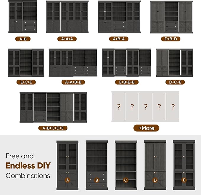 70.8" Bookshelf with Glass Doors, Farmhouse Modular Bookcase with 6-Tier Adjustable Shelves, Large Storage Cabinet for Living Room & Home Office, Set of 4, Black