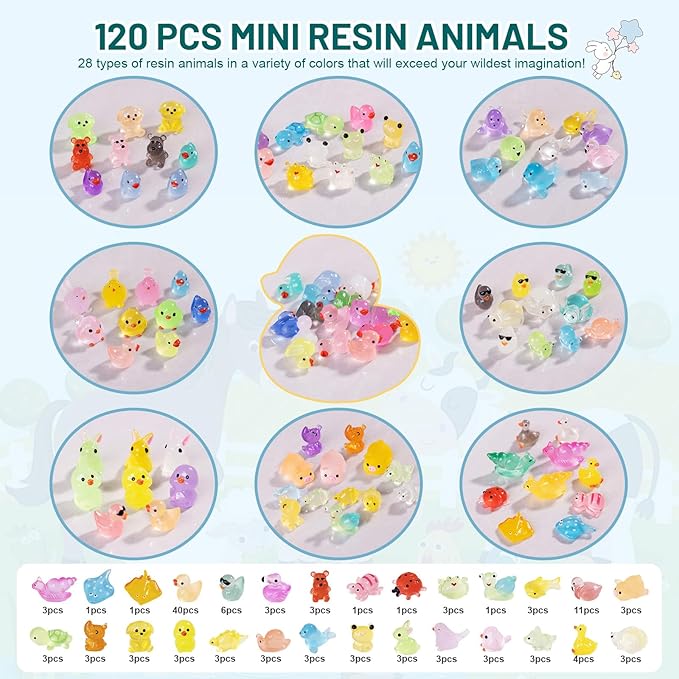 120pcs Tiny Resin Animals Figures to Hide Mini Resin Animals Bulk for Miniature Fairy Garden Accessories Micro Landscape Aquarium Potted Decoration
