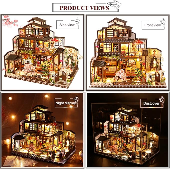 Yuzhen DIY Miniature Dollhouse Kit with Furniture and LED Lights, Japanese Wooden Dollhouse Includes Dustcover and Music Box, Decent Gift for Adults or Kids