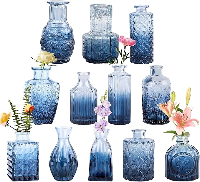 Bud Vases Set of 12 Pcs, Blue Mini Glass Vases for Flowers, Vintage Small Vase for Centerpieces, Small Flower Vase Design for Wedding Decorations Home Flower Party Decor
