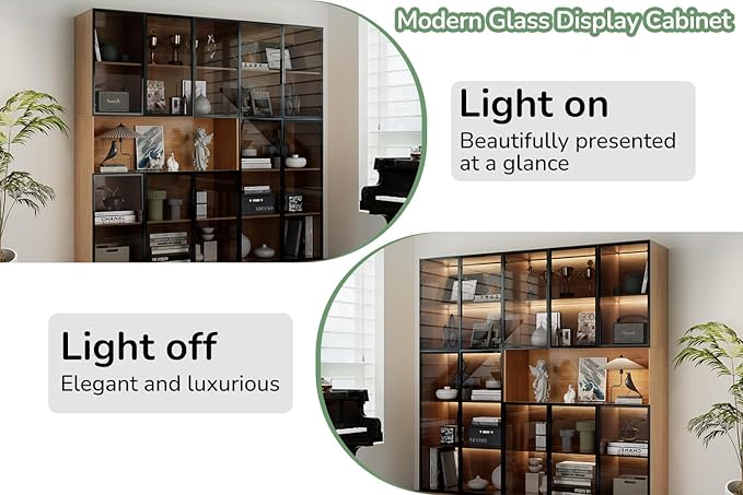 5 Tier Glass Display Cabinet with Adjustable LED Lights, 78.7" Lighted Curio Cabinet with Glass Doors & Shelves, Tall Display Case for Collectibles - Walnut