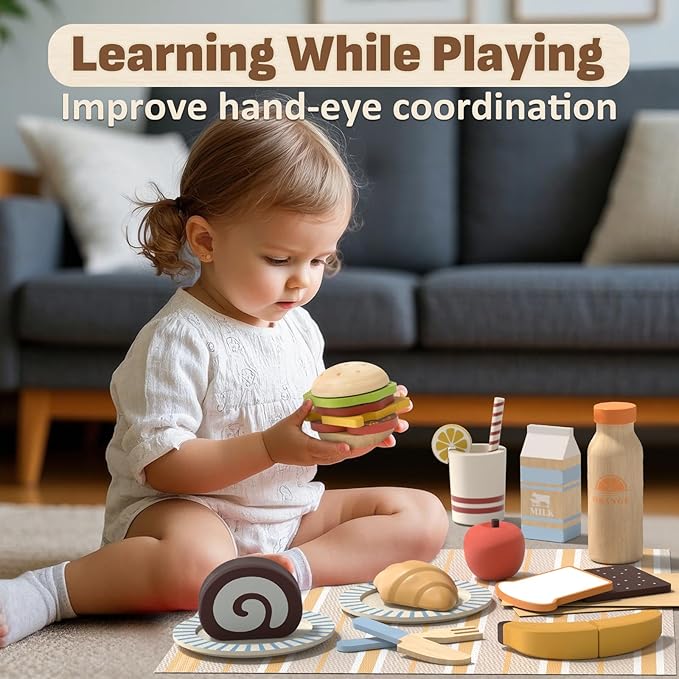 Lehoo Castle Play Food Sets for Kids Kitchen, Wooden Toys Food for Toddlers 3+, Pretend Picnic Play Set, Cutting Food Toys, Gift for Girls Boys 3 4 5 6