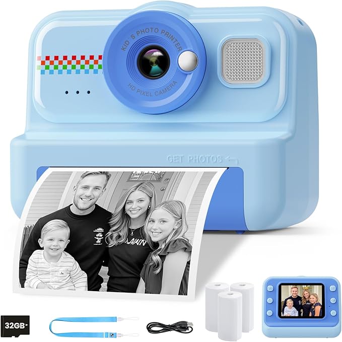 Kids Camera Instant Print, 1080P HD Instant Print Camera for Kids with 3 Rolls Print Paper & 32GB Card, Selfie Digital Camera for Kid, Ideal Kid Toys Gifts for Boys & Girls Age 3-14 (Blue)