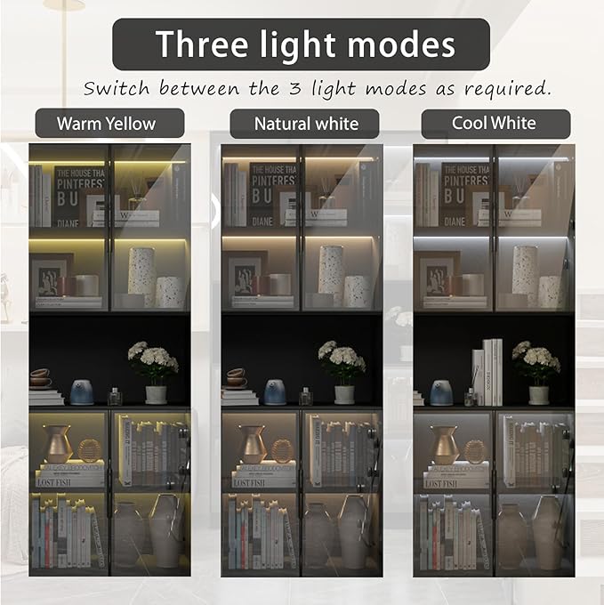 Display Cabinet with Hutch, Glass Doors and Lights, Wooden Storage Cabinet with 5-Tier Shelves, Can be Used as Bookcases, Kitchen Pantry Cabinets, Black (47.2 "W x 16.5 "D x 78.7 "H)